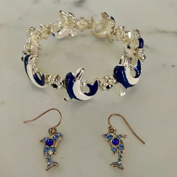 Cute Dolphin Bracelet and Earrings Silver Blue - Picture 2 of 6